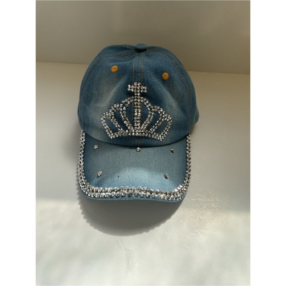 Y2K Denim Rhinestone Crown Hat Bling Crystal Studded Baseball Cap Adjustable